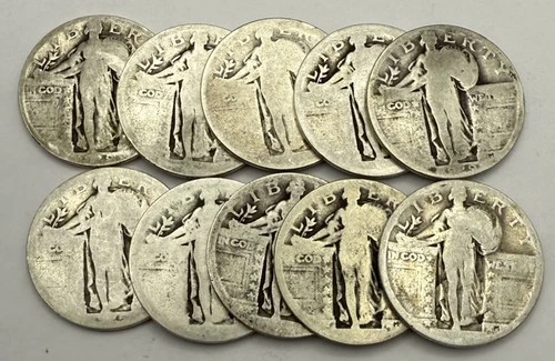 10-Standing Liberty Silver Quarters-No Date-10 Coin Lot-Circulated-Free Shipping