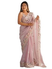 Women's Organza Embroidered Saree With Unstitched Blouse Piece