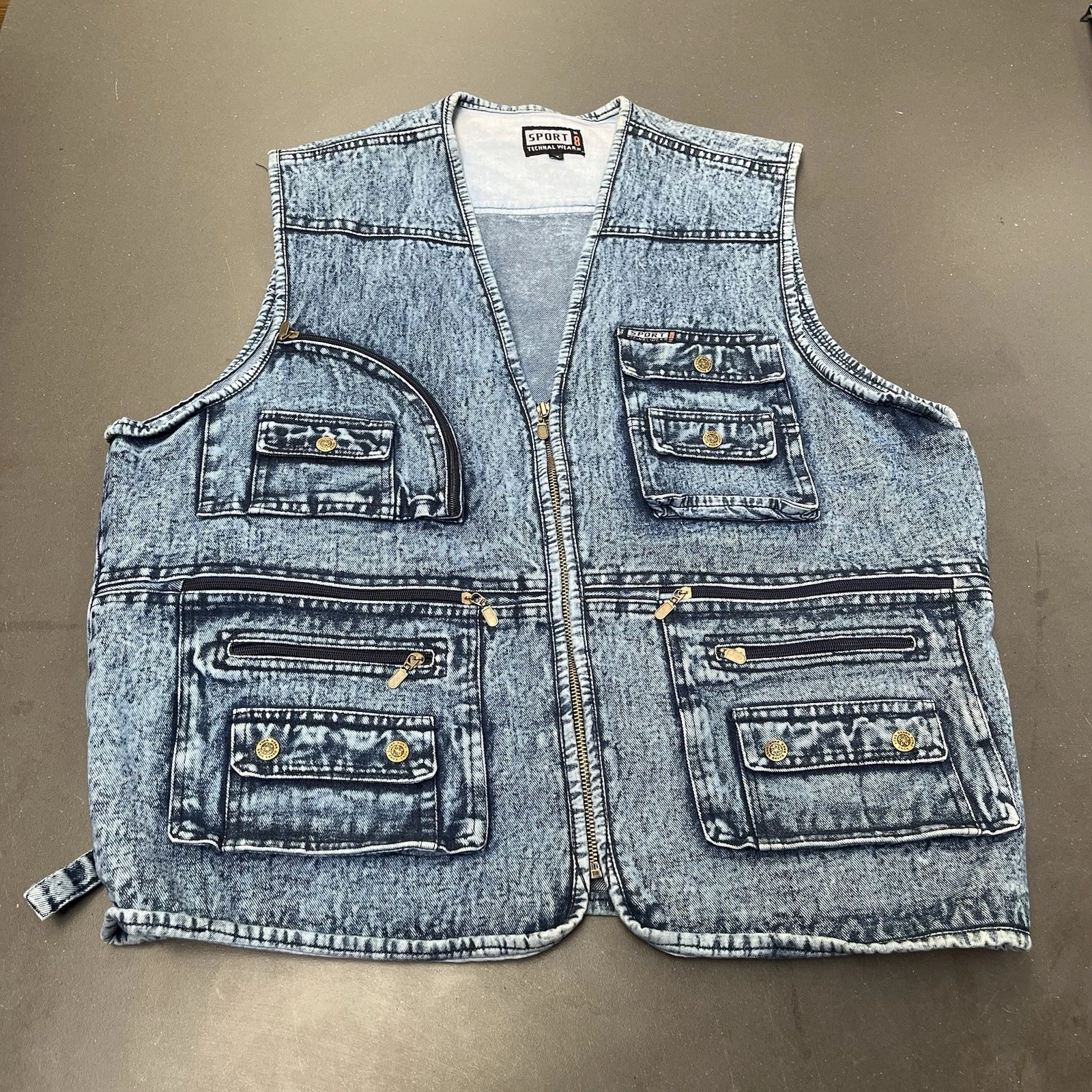 Vintage Denim Utility Vest Gilet Mens Biker 2XL Blue Cargo Fishing Waistcoat