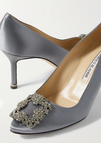 Manolo Blahnik Hangisi Grey Satin Pumps EU 36 / UK 3 – Crystal Buckle, Box,