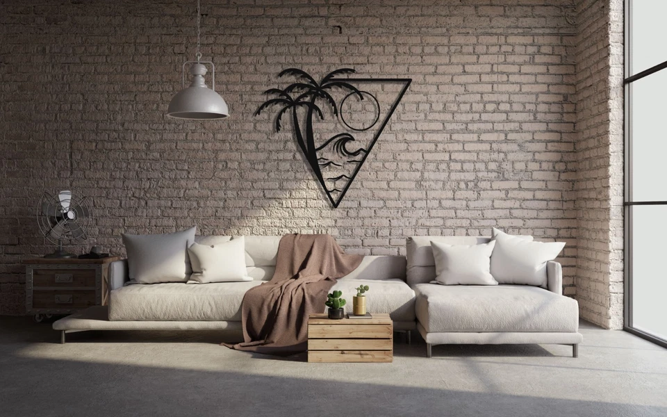 Arte de pared de metal océano, decoración de pared de palmera, arte de pared de sol onda de metal, tropical Foto 4 de 4