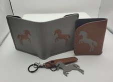 USA Leather. Gray with a Brown Horse Wallet. With Matching Card Holde Keychain