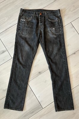 True Religionブラックデニム 32 True Religion Straight Leg Black Denim Jeans Distressed Button Fly