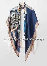 Sallys 70% Cashmere 30% Silk Wrap Scarf Saddle Print Square Stole Shawl 53" Blue
