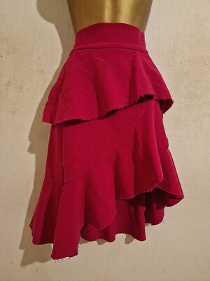 Cerise Hot Pink Frill Ruffle Layered Tiered Fishtail Mermaid Midi Skirt  UK