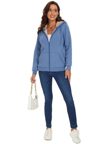 Para mujeres con cremallera completa con capucha forrada de sherpa abrigo cálido de lana invierno primavera chaqueta informal - Imagen 143 de 145