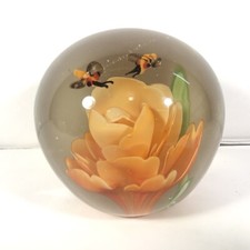 Hovering Bees Over Orange Flower Art Glass Paperweight Beautiful