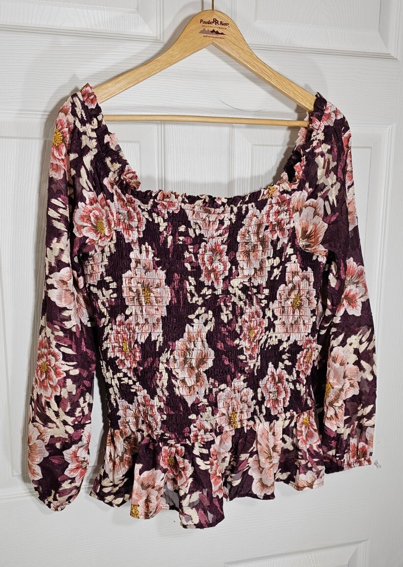 MAURICE'S Chance & Destiny Purple Floral Ruched Top Size Large Off Shoulder