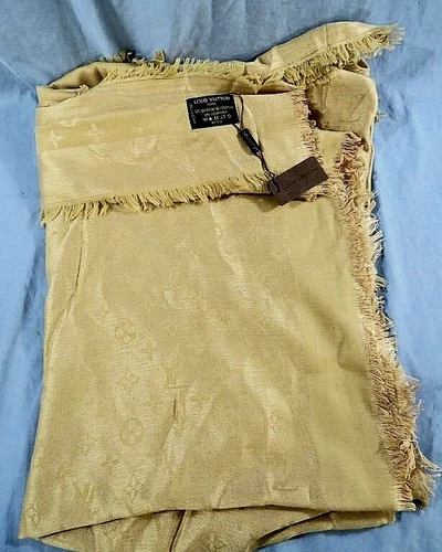 NEW LOUIS VUITTON 55" X 59" MONOGRAM FRILLED EDGE CAMEL TAN SILK/WOOL SCARF WRAP