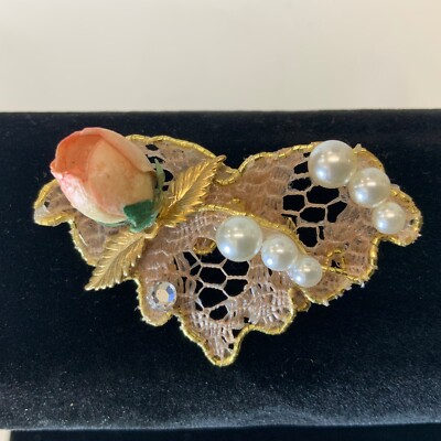 Very Tacky Gaudy Brooch Rosebud Faux Pearls Hand Stitched Filigree Gold Border