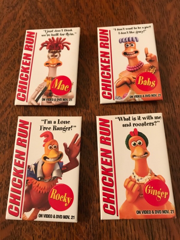 Chicken Run Movie Promo Pin , Set of 4, Dream Works 2000 Pinback Botton
