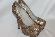 ALICE  OLIVIA by STACEY BENDET Gold Laser Cut Platform Heel Pumps Sz 7.5 EU37.5