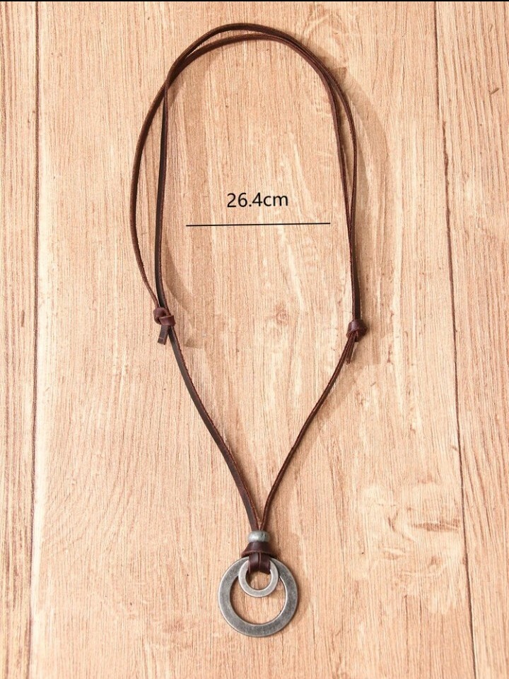 Silver Tone Brown Leather Pendant Necklace - Double Ring Adjustable Genuine Leather Statement Piece - View #9