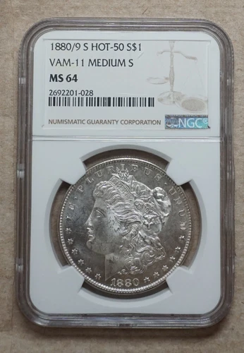 1880/9 S Hot-50 VAM-11 Medium S Morgan Silver Dollar $1 NGC MS 64 GRADED US COIN