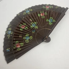 Hand Painted Flower Art Fan From Philipene Islands Vintage 1970 Asian Decor