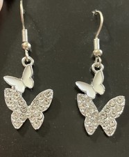 Silvertone Rhinestone White Butterfly Dangle Drop Earrings Pierced Women Girls