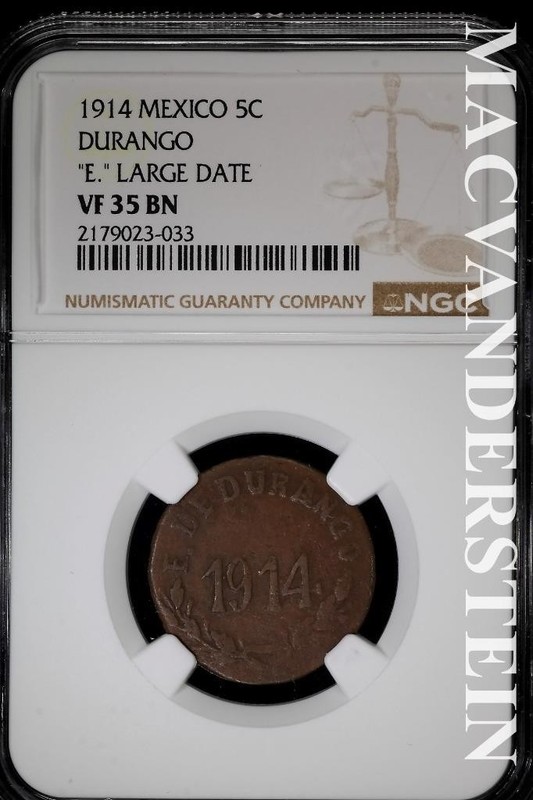 Mexico: 1914 Five Centavos- Durango- NGC VF 35 BN- "E" Large Date #SLA1100