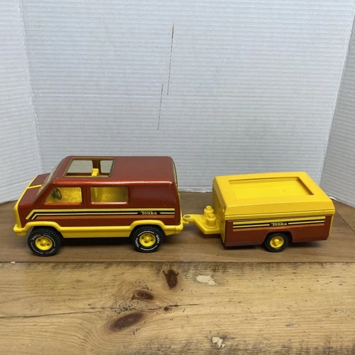 Vintage Tonka Van Brown With Graphics W/ Pop Up Camper 1970’s Good Condition USA