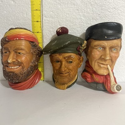 SET OF (3) BOSSONS ENGLAND CHALKWARE HEADS Ca. 1960'S - 70'S. Gypsy, Jock, Pipe