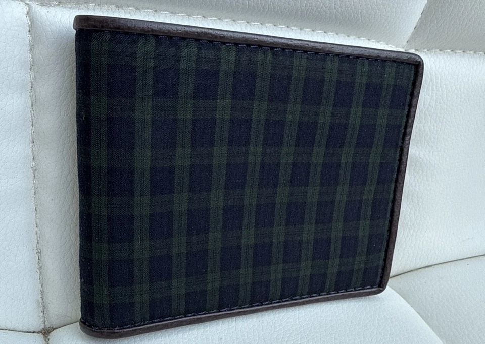 Jack Spade Plaid Cotton & Leather Green Blue Index Bifold Wallet MINT - Image 2 of 4