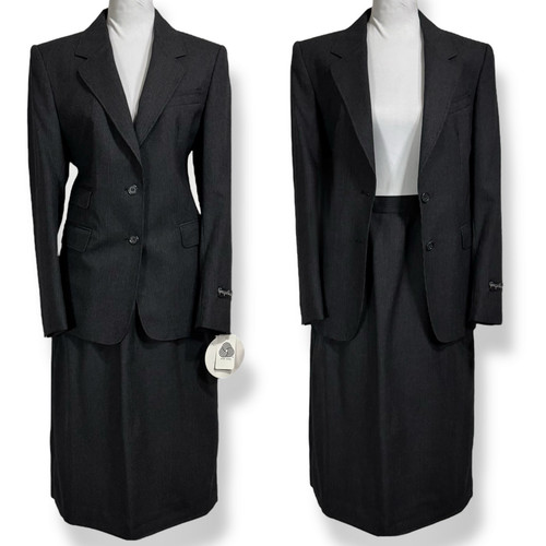 Vintage Pinstripe 100% Wool Midi Skirt Suit Set Size S Tag 10 Business 70s 80s