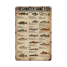 Vintage Fishing Wall Decor Sign - Freshwater Game Fish, Metal Rustic Cabin Lake