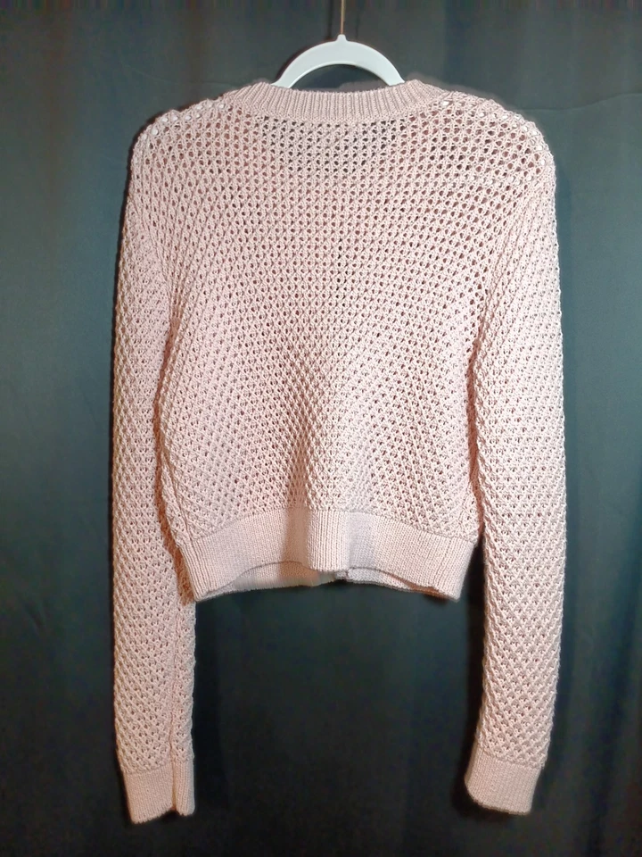 Cárdigan Ann Taylor Weekend Grande Manga Larga Crochet Rosa Claro Botón Preppy Foto 3 de 3