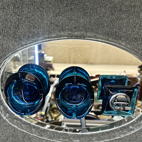1930’s Viking Art Glass Tulip Bluenique Ashtray + Lighter, 3Pcs Nesting Set