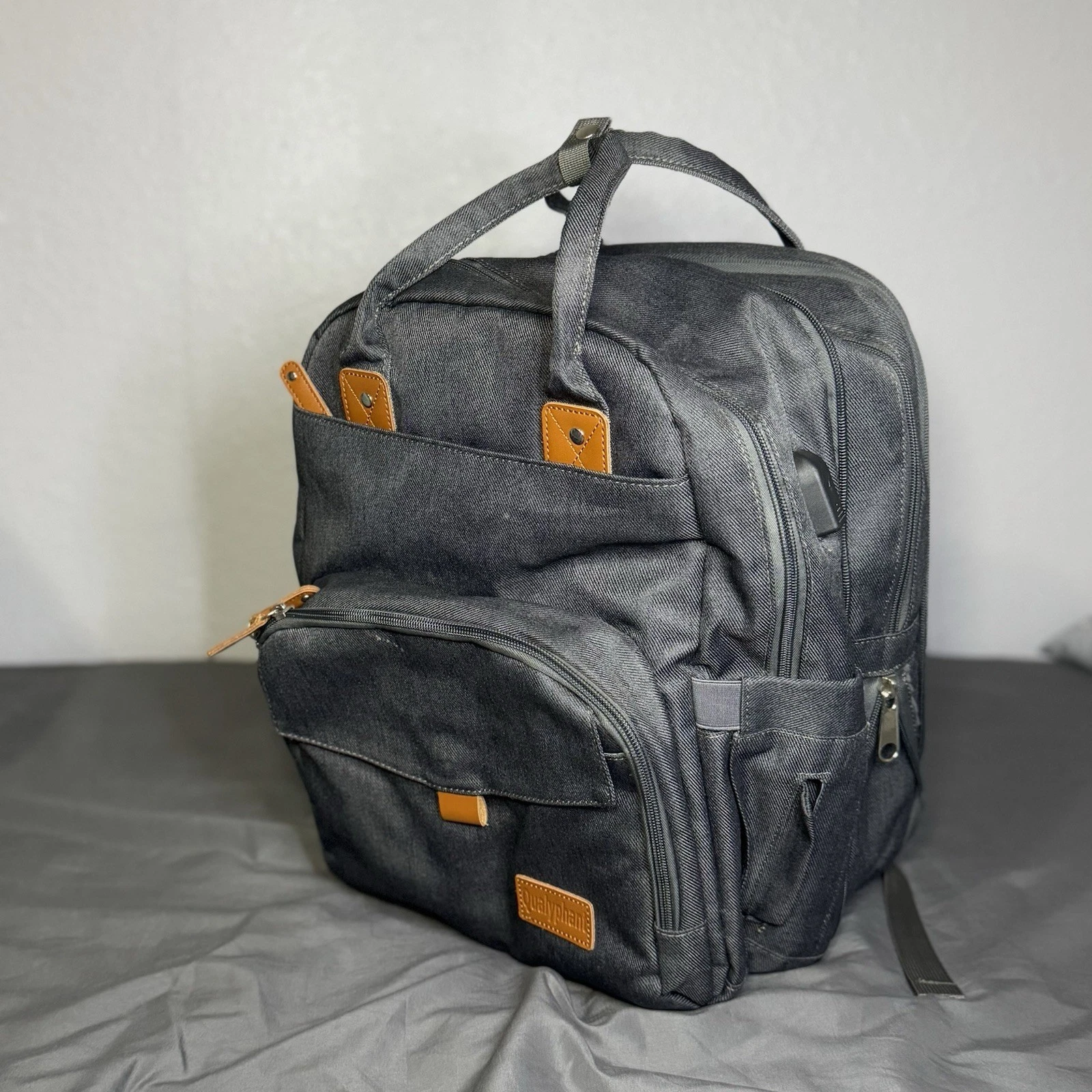 Large Multi-Compartment Diaper Bag Backpack w/ USB Port + Changing Pad – Gray