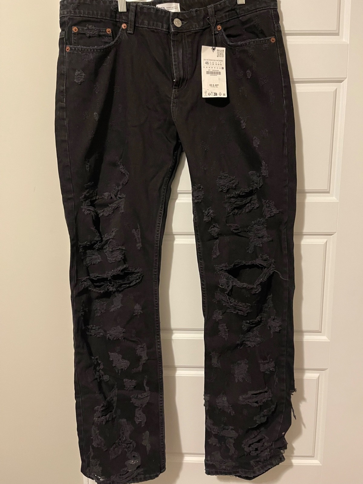 Zara Black Ripped Mid Rise Straight Leg TRF Jeans Sz 14 Ref.  2569/256 image 2