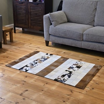 Handgefertigter Rindsleder Patchwork Teppich - Naturhaar, auf Leder Vorleger, Modern Boho