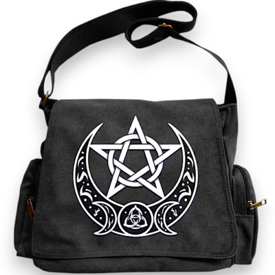 Wiccan Pentagram Triple Moon Triquetra Canvas Messenger Bag Black Crossbody NEW
