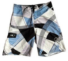 Vintage O  neill Board shorts 34 Blue Black Checkered Y2K Surf Pockets Embroidery