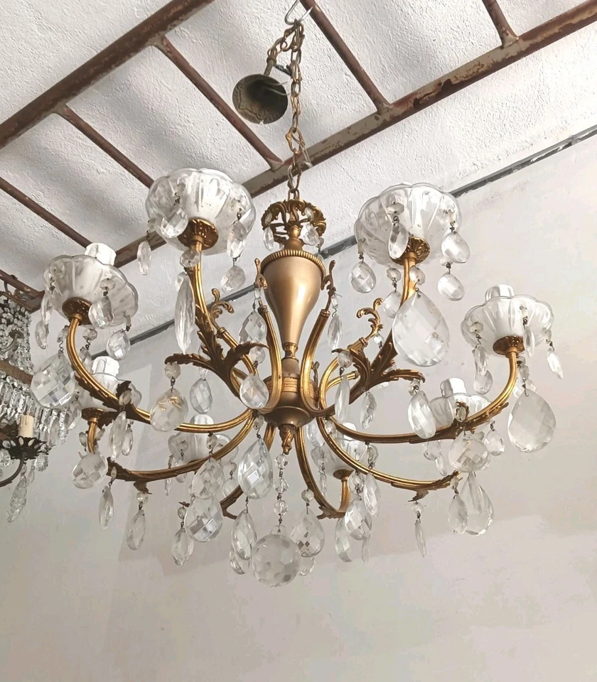 Candelabro espanhol antigo vintage 8 cristal claro latão, década de 1970 - Imagem 2 de 4