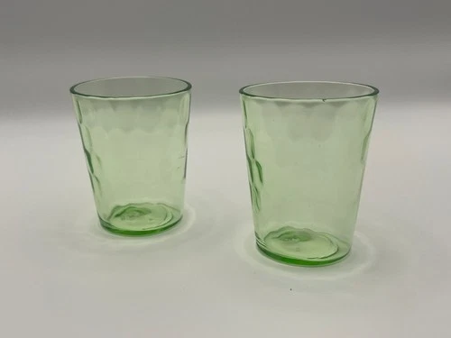 Pair Vintage Uranium Glass Tumblers Vaseline Green Depression Era Glow