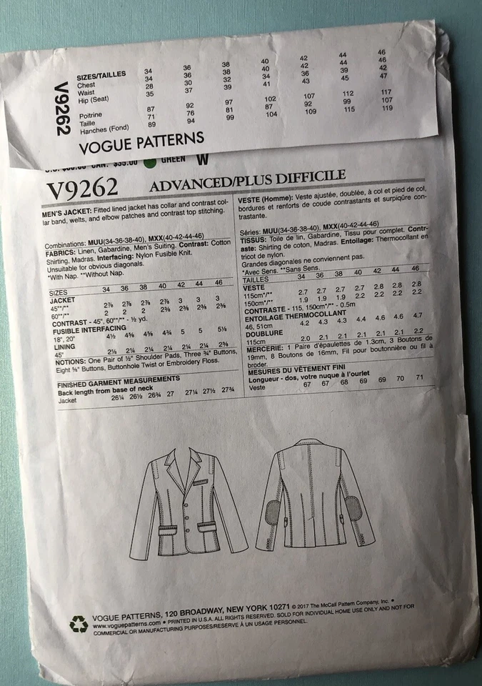 Vogue 9262 Men’s Sporty Coat Jacket,Elbow  Patches Sz 40- 46 Uncut Ron Collins - Image 2 of 2