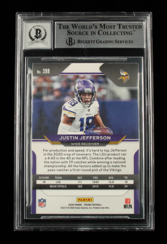 Justin Jefferson Signed 2020 Panini Prizm #398A - Autograph Graded Beckett 10 - - Foto 2 di 2