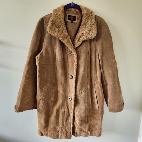 VTG 70s Gallery Patchwork Suede Leather Chestnut brown Faux Fur Jacket Coat S
