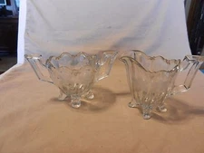 Clear Cut Glass Creamer & Sugar Set With Etched Flowers and Handles