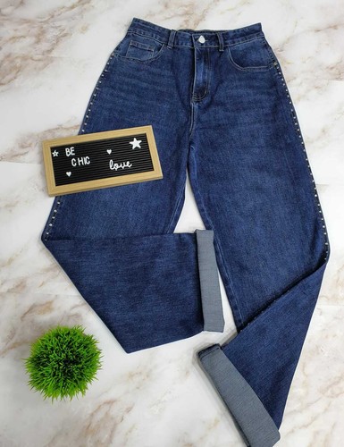 Jeans Strass Laterali Gamba Dritta Lavaggio Scuro Donna Autunno Inverno |  eBay
