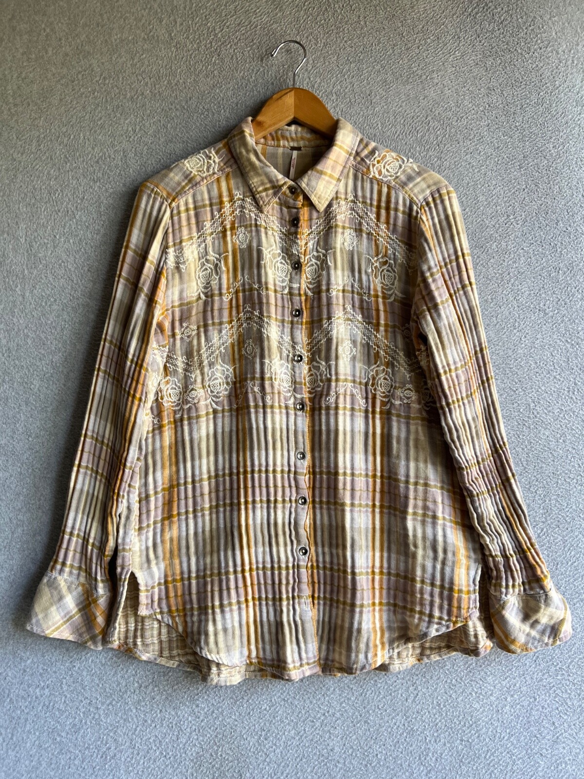 Free People Top Womens M Embroidered Magical Plaid Button Up Boho Yellow