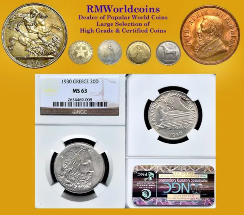 Greece 1930 20 Drachmai, Rare High Grade, Superb NGC 63, Luster, Sharp Detail