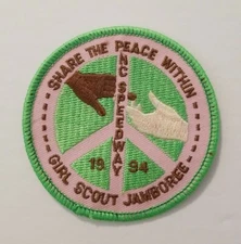 VTG GIRL SCOUTS JAMBOREE PATCH BADGE 1994 GSA NC SPEEDWAY SHARE THE PEACE WITHIN