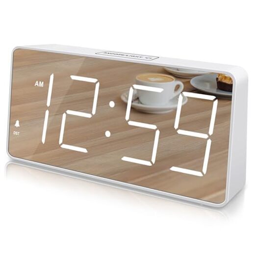 Digital Clock, Alarm Clock Battery Backup Powered for Bedrooms – White-mirror