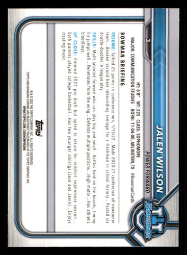 2021-22 Bowman Chrome University Refractors #3 Jalen Wilson - Picture 2 of 2