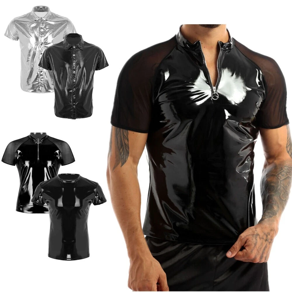 Mens Faux Leather Short Sleeve Round Neck T-shirt Muscle Tight Shirt  Clubwear