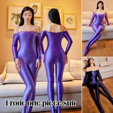 Women Shiny Glossy Sexy Bodysuit Long Sleeve Leotard Jumpsuits Dating Night Club