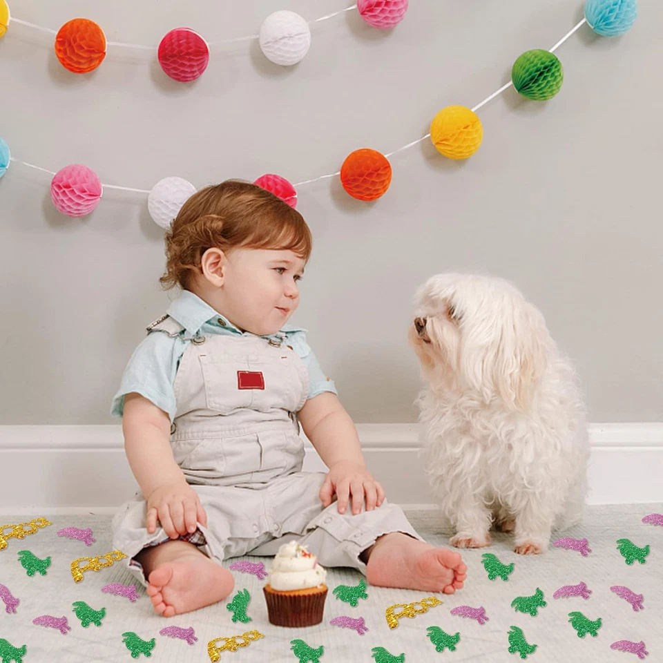 Juego de 100 confeti de dinosaurio, confeti de cumpleaños de dinosaurio brillante verde, dinosaurio Foto 4 de 4