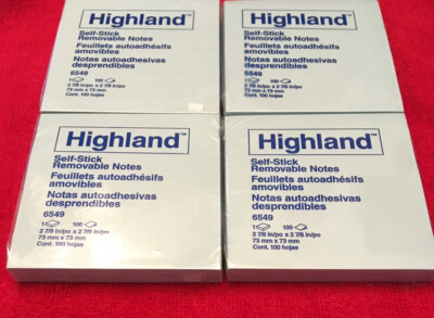 Lot Of 4 Pad, 3M Highland 3X3  ,400 Sheets, Self Stick Removable Notes Blue