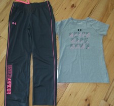 Under Armour word mark top  athletic pants set girls' L YLG pink gray